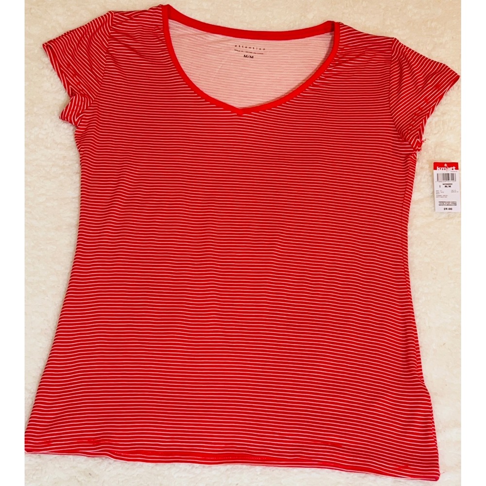 Attention Womens Red White Striped V-Neck Short Sleeve Tee Shirt Medium NWT